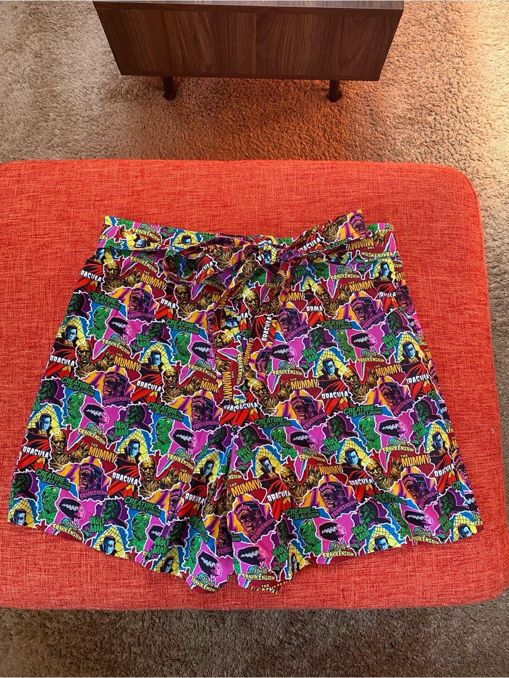 Handmade Universal Monsters Novelty Print Cotton Shorts with Self Belt